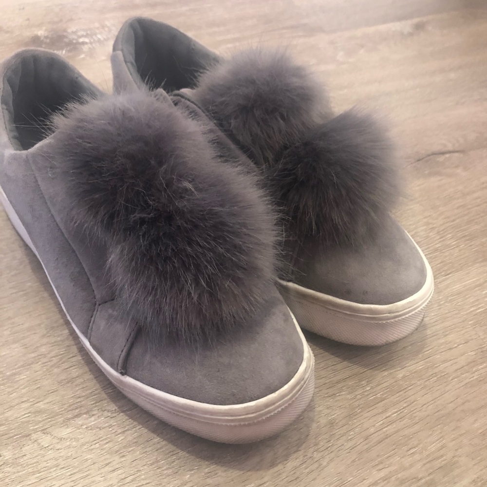 Grey Steve Madden Pom Pom Slip Ons